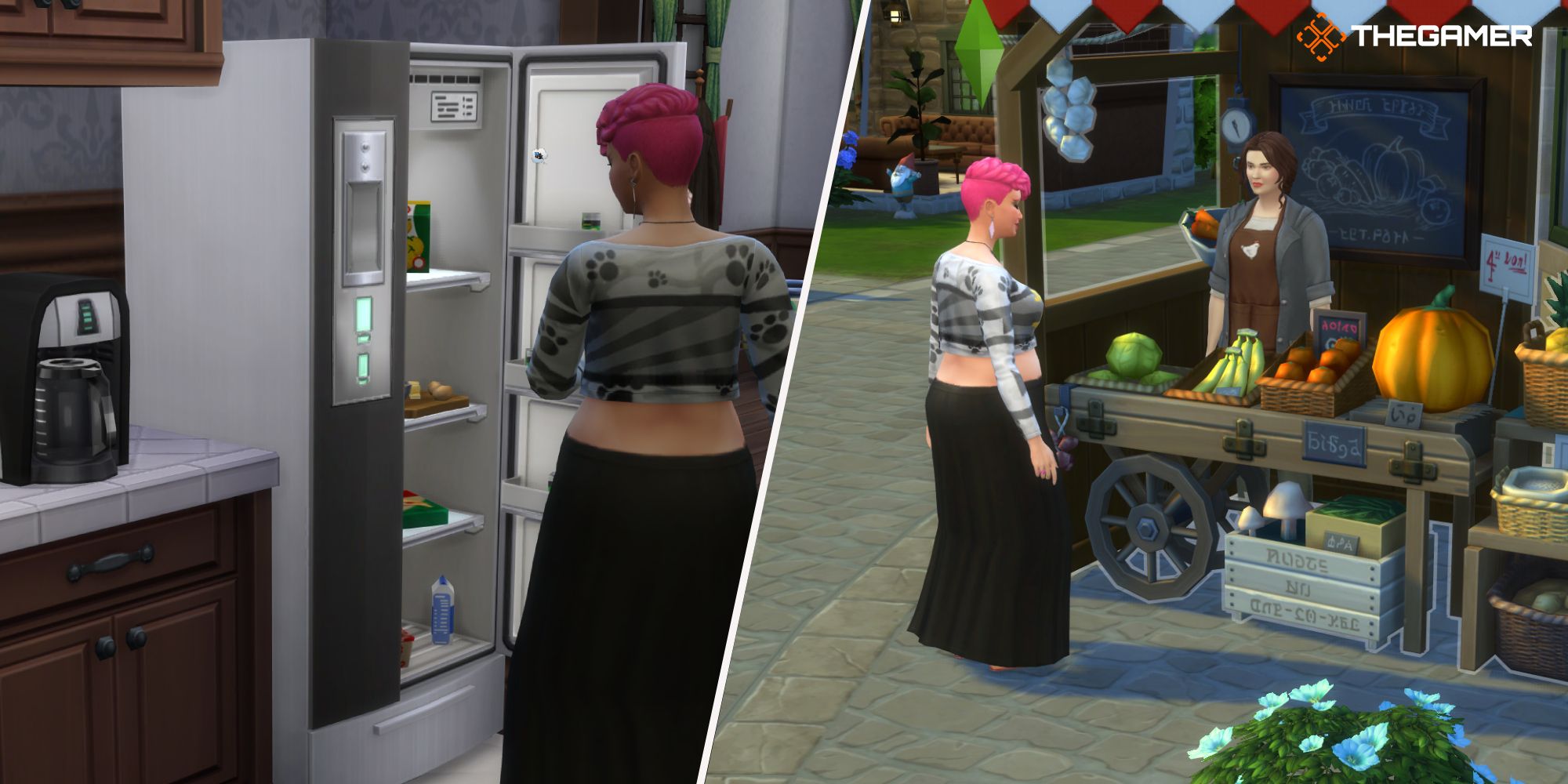 The Sims 4: Left: Sim opening fridge to get ingredients, right: Sim standing at produce stand
