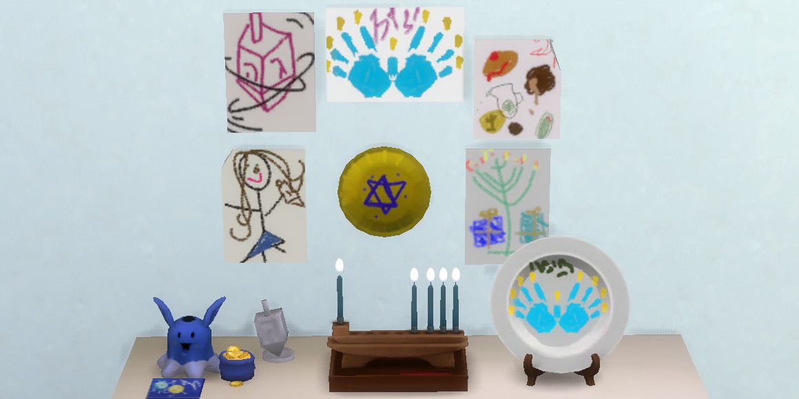 A table sporting a menorah, a dreidel, a bag of gelt, and several Hanukkah-themed arts and crafts.