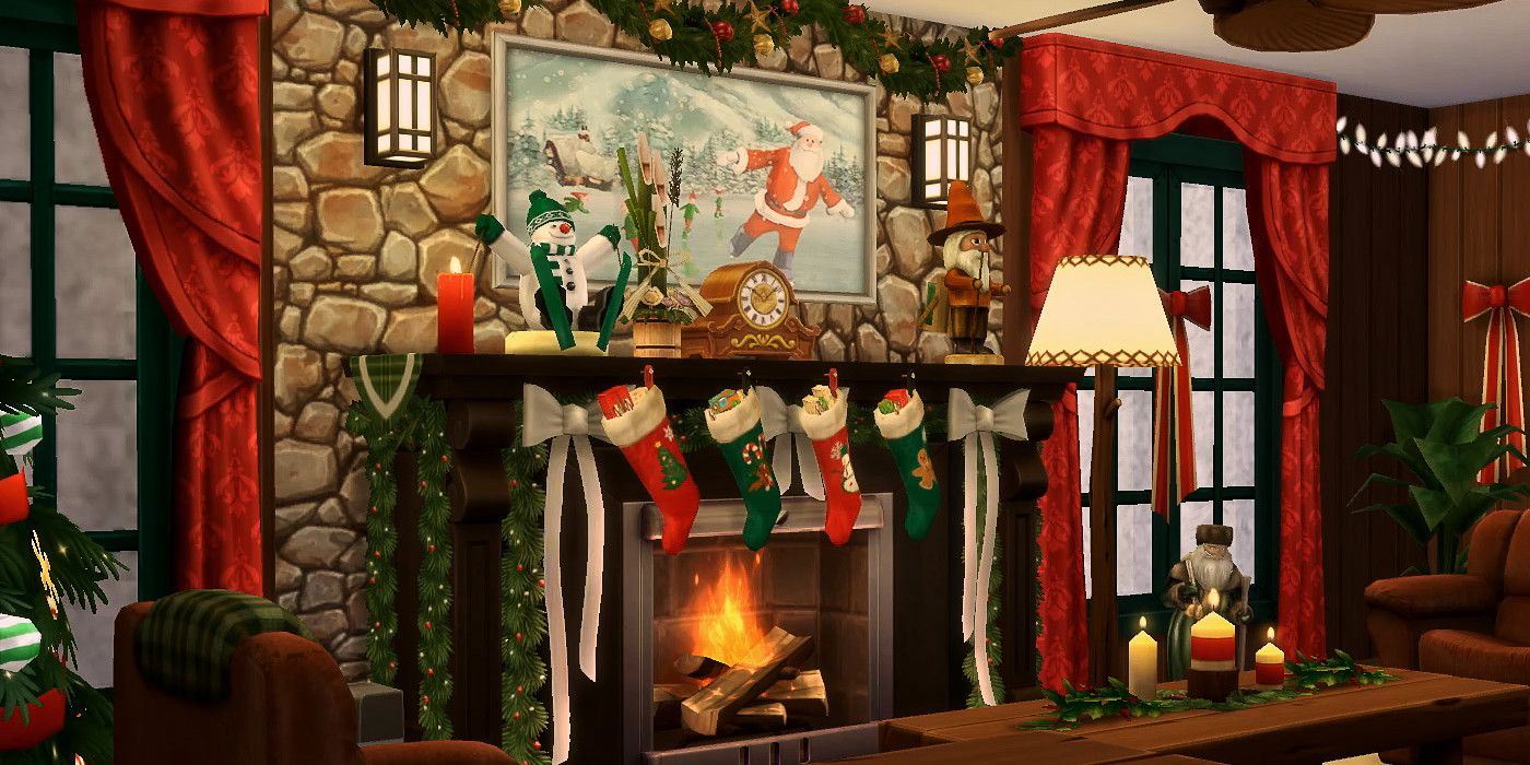 Screenshot of a richly decorated Christmas-themed living room in The Sims 4.