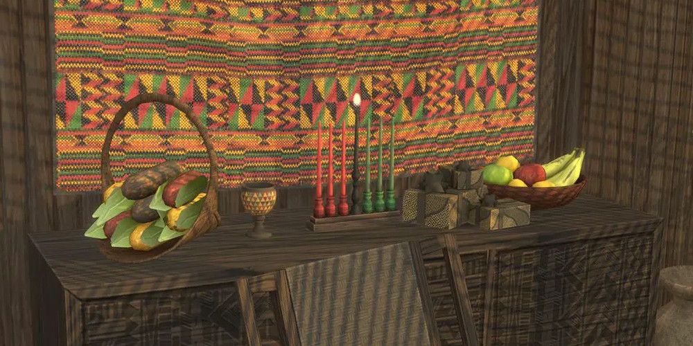 A kinara sits on a well-decorated table for Kwanzaa in The Sims 4