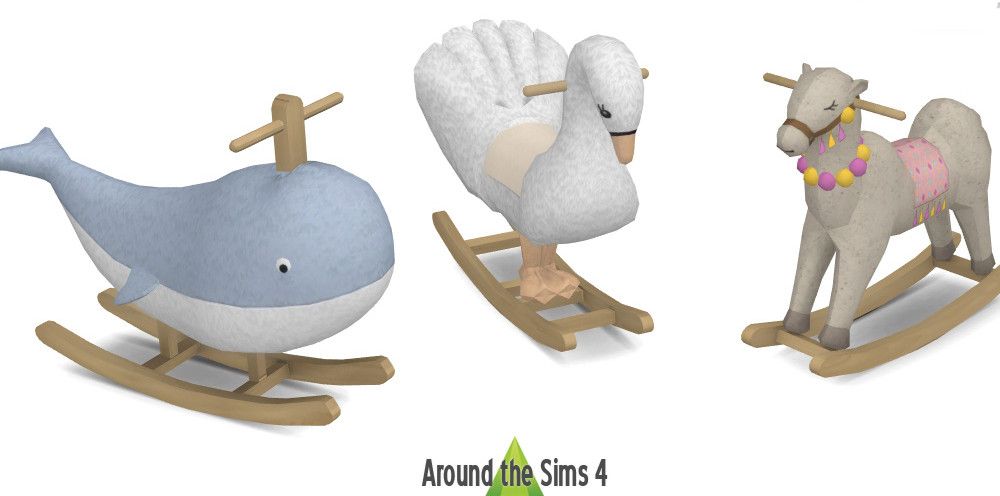 An assortment of various rocking animal toys in The Sims 4