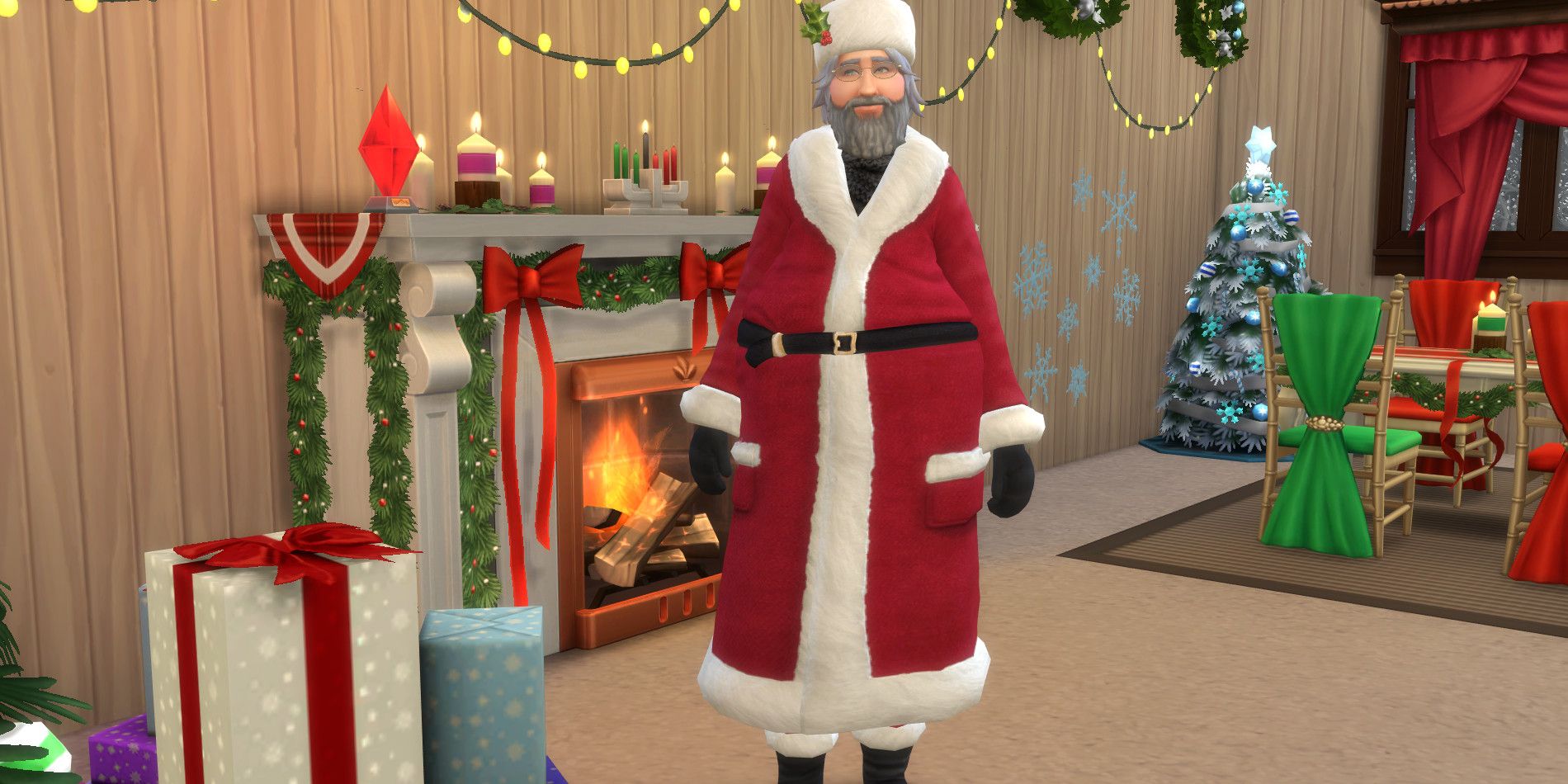 Santa stands in a well-decorated living room in The Sims 4.