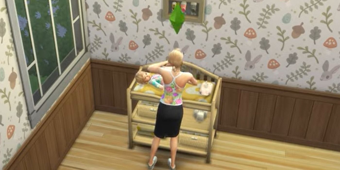 A Sim mother changes her child's diaper in The Sims 4