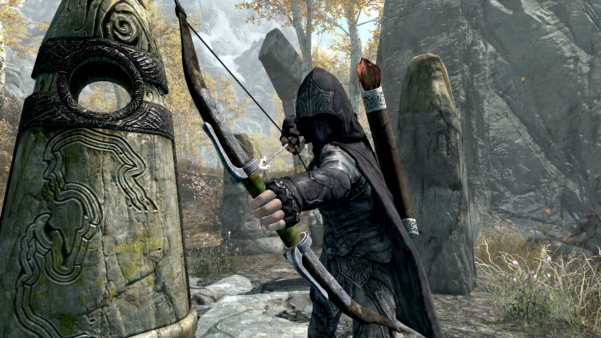 Skyrim Bow of Shadows equipped by an assassin within Riften woods area.