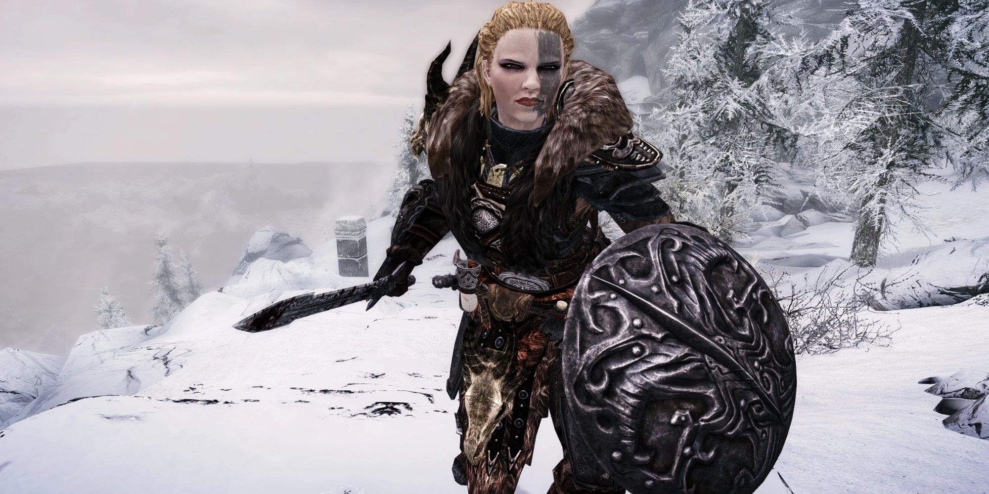 Skyrim Warmonger Armory female character in a full coat regalia