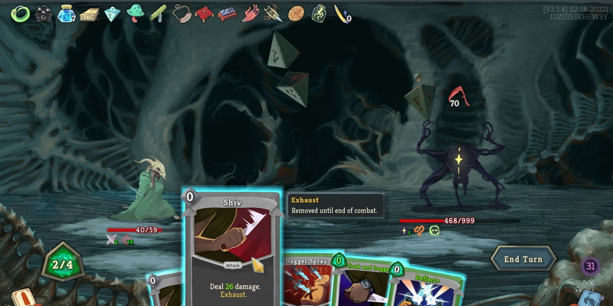 A player plans their next attack through a card UI against a multi-limbed, shadowy creature with glowing yellow accents.
