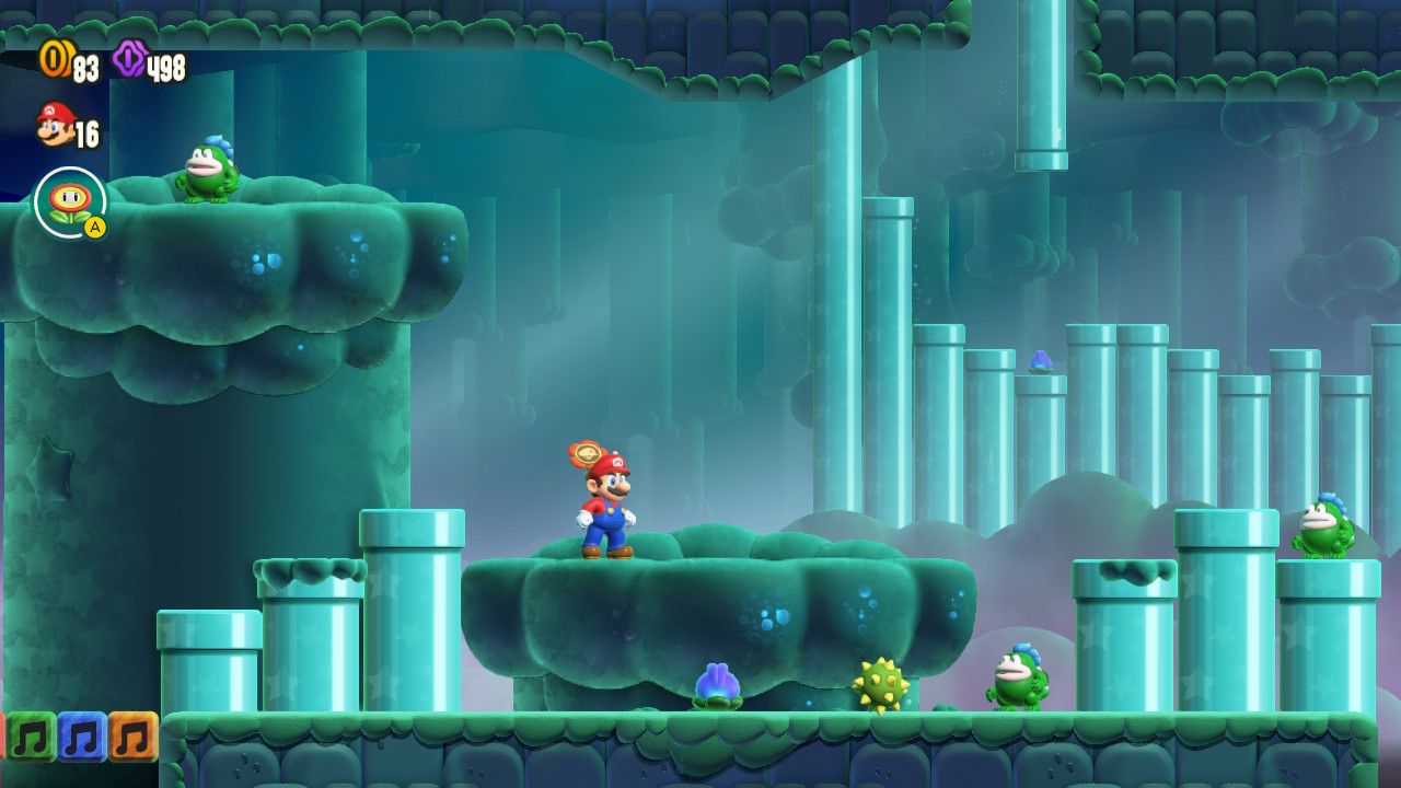 Mario standing on a platform with a purple flower, a roller, and a Spike enemy below.
