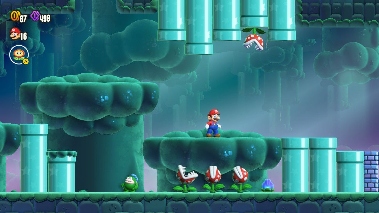 Mario standing on a paltform with three piranha plants and a purple flower below him.