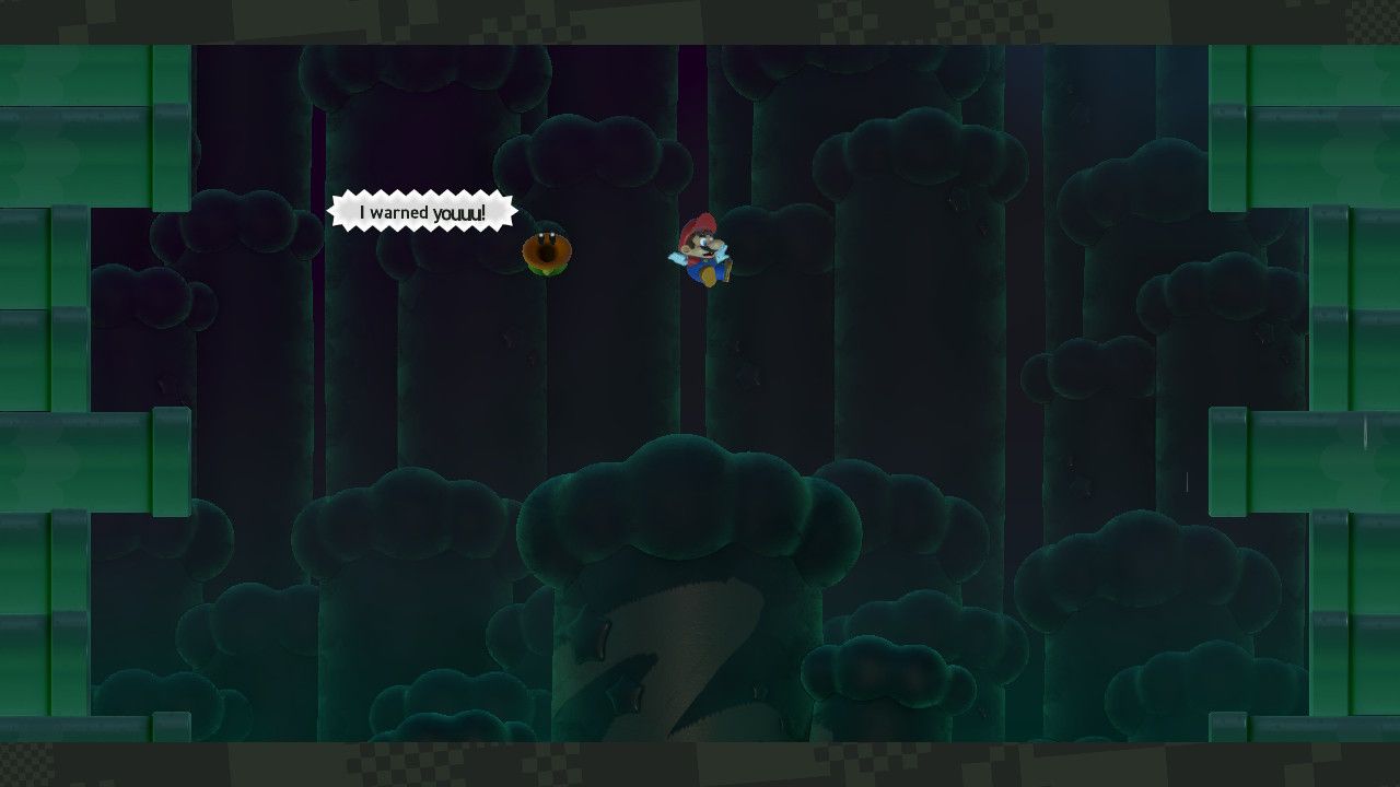 Mario falling into an underground area filled with darkness and with pipes on the left and right.