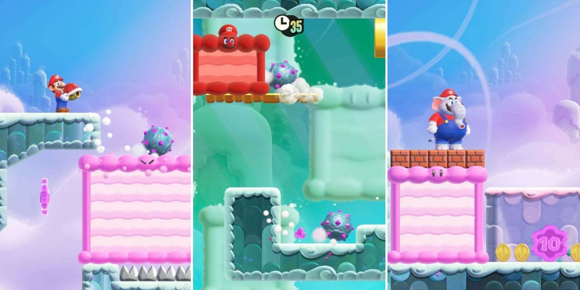 A three-panel image from Super Mario Bros Wonder showing two pink puffy lifts, two flower coins, and Mario as a red puffy lift.