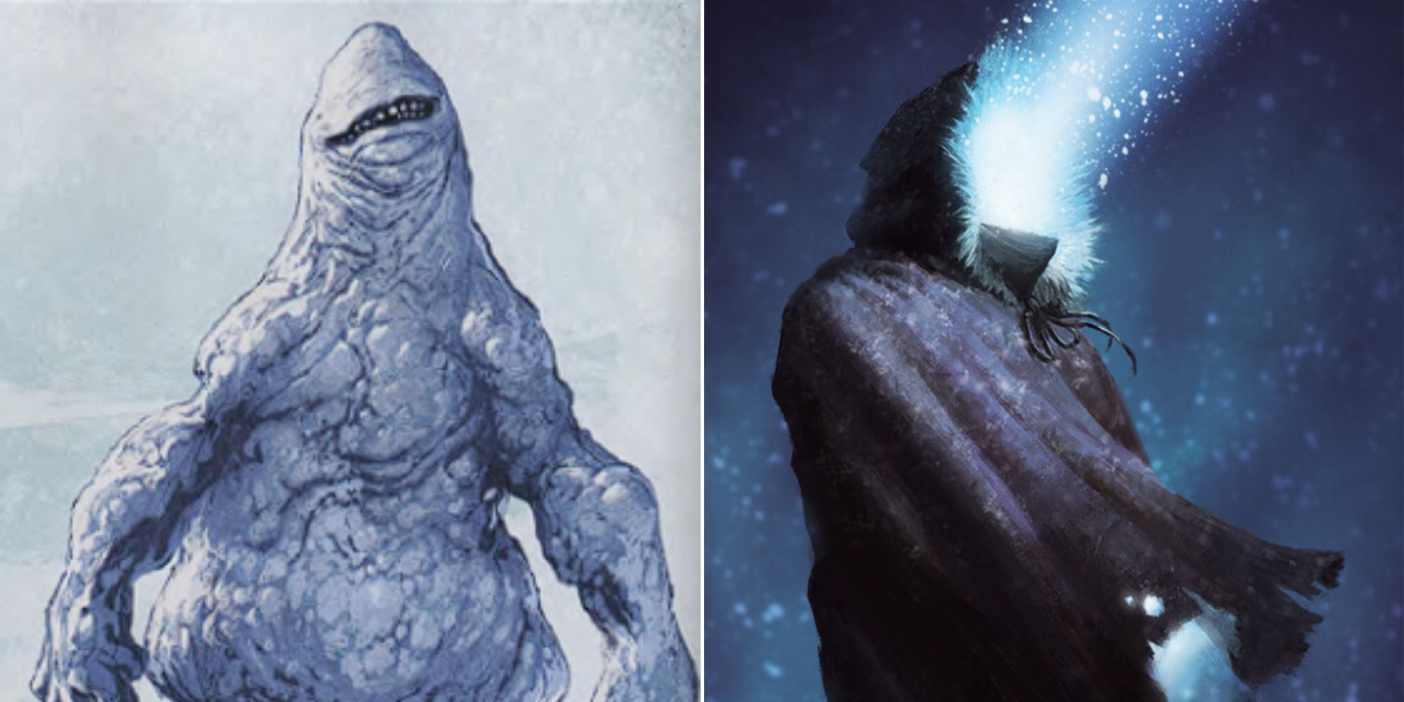 A Snow Golem with a sinister smile and a Coldlight walker shining light in the night in D&D