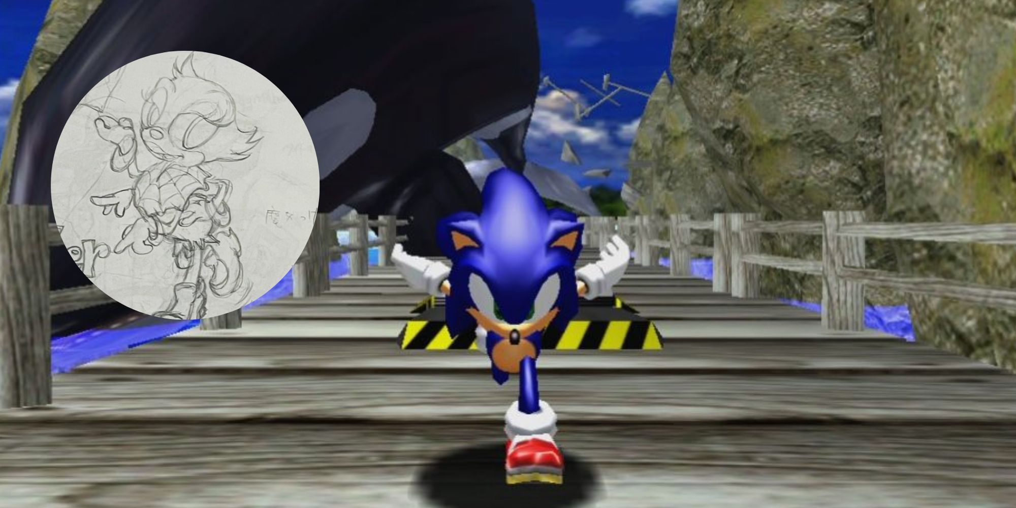 The main image is Sonic running towards the camera, away from a whale. In the top left corner, there's an image of some concept art of a cut character, called Spider Girl