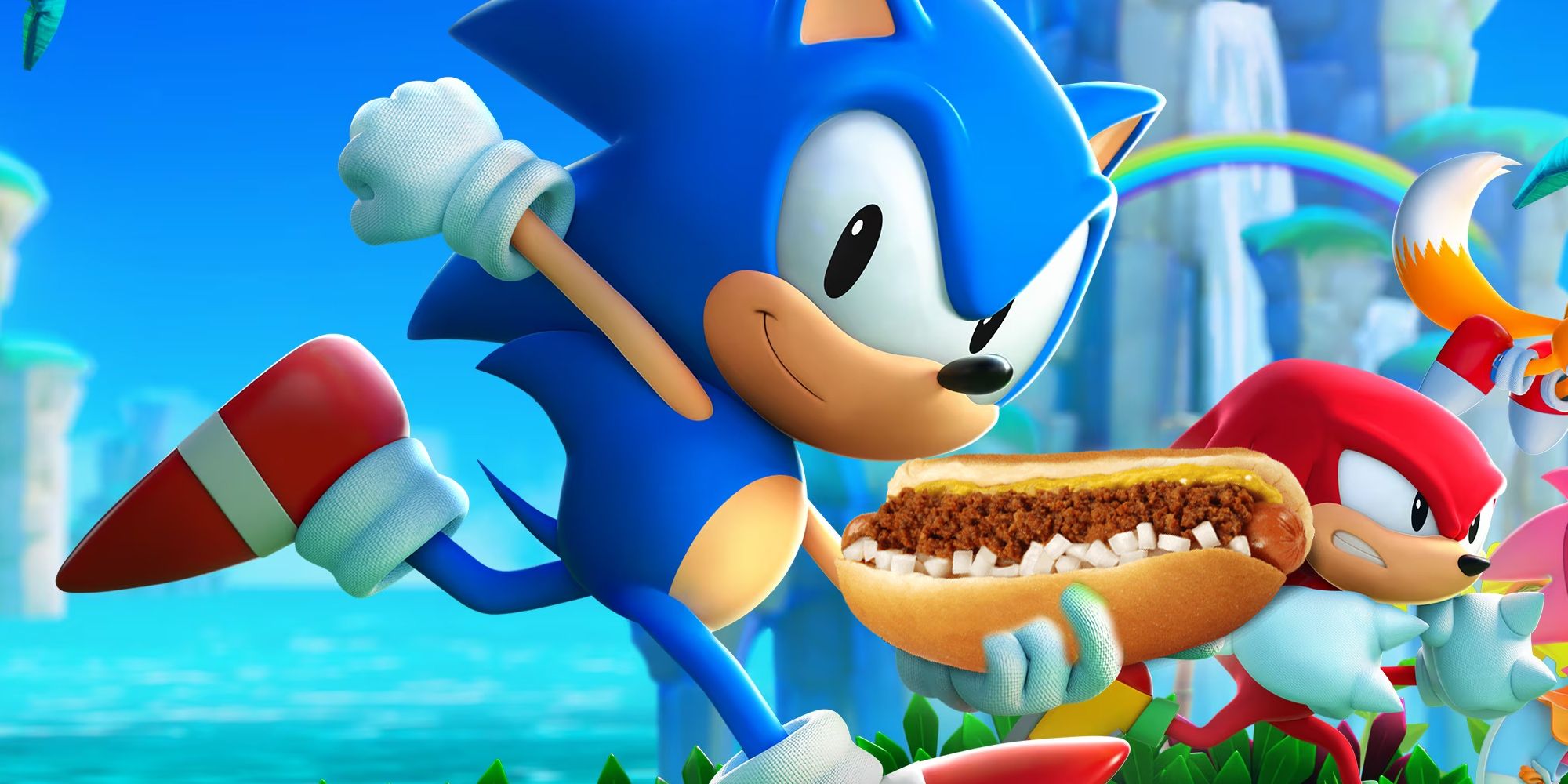 Sonic Superstars' Blue Blur holding a chilli dog.