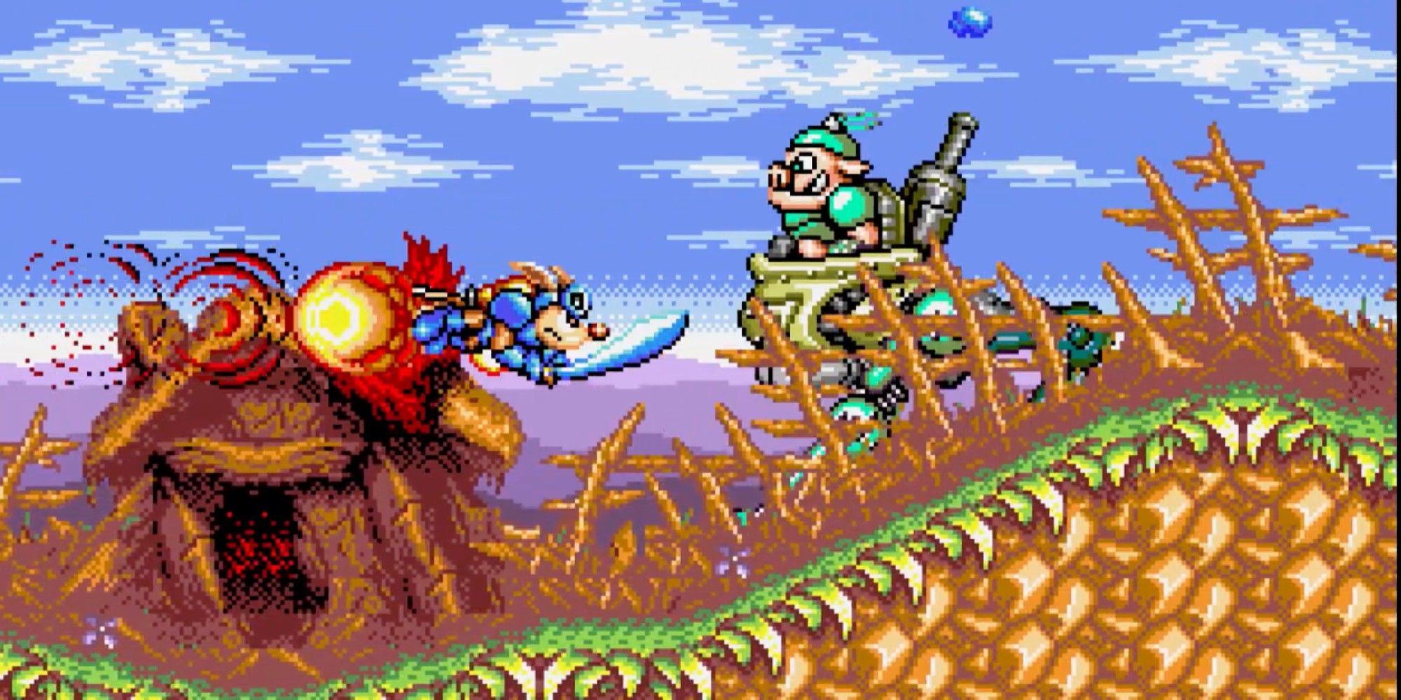 Sparkster attacking the enemy in Rocket Knight Adventures