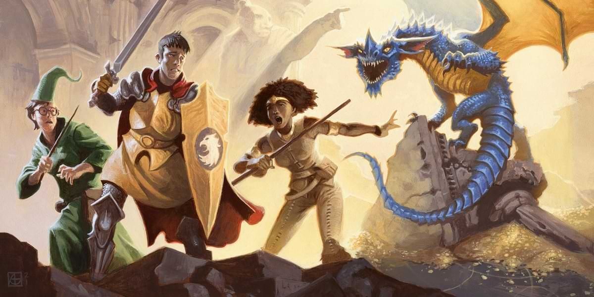 Drei Abenteurer – ein Zauberer, ein Kämpfer und ein Mönch – fliehen vor einem blauen Drachen
