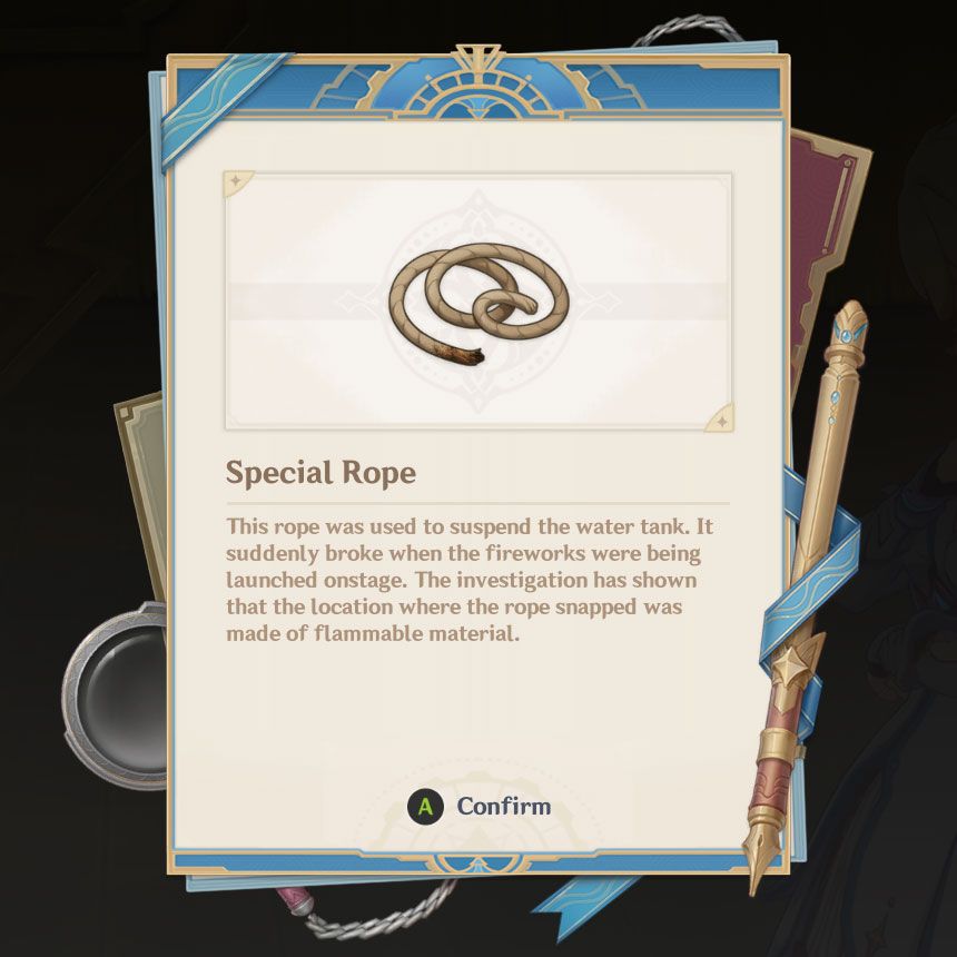 An image depicting a notebook page with key information about the Special Rope, a clue in Lyney's case in Genshin Impact.