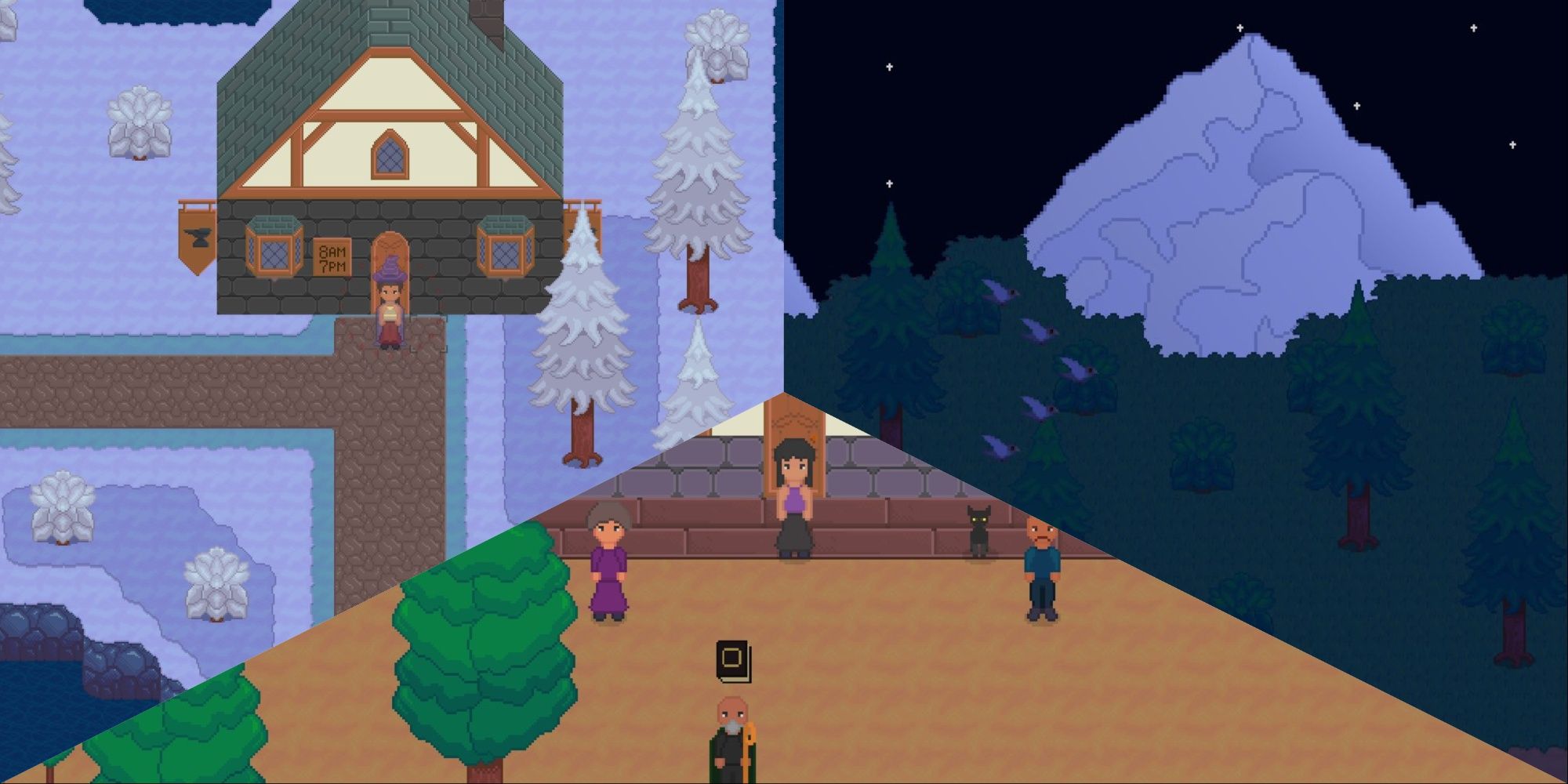 3 images left to right, spellfield in the snow, player in front of their home greeted by characters, a mountain scene
