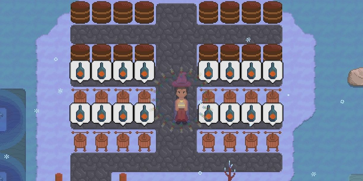 Character standing among juicers filled with pumpkin juice