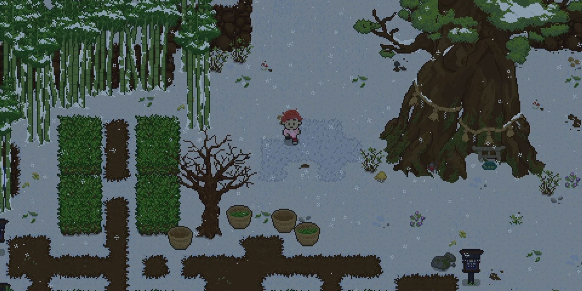 Spirittea screenshot showing character walking through icy forest