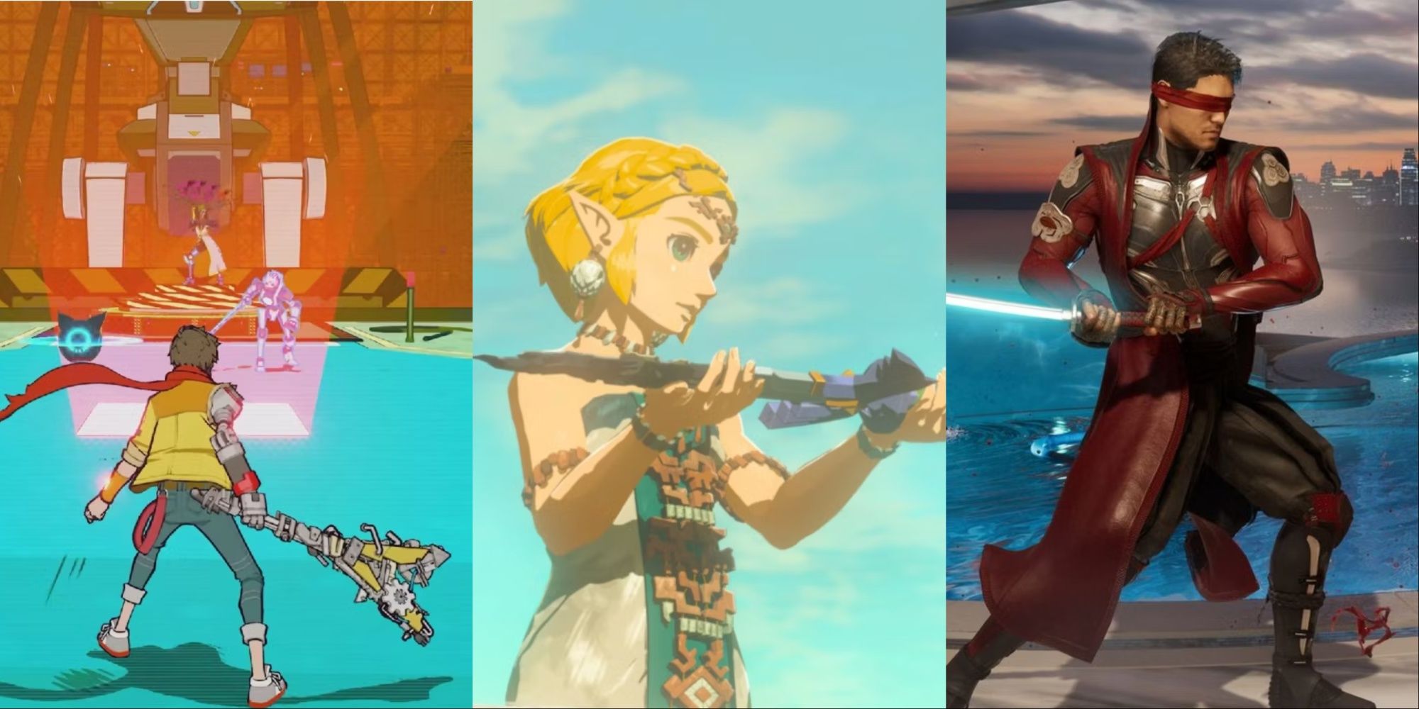 A split image showing chais guitar Hi-Fi Rush, Zelda holding the master sword in The Legend of Zelda Tears of the Kingdom, and Kenshi with sword Mortal Kombat 1.