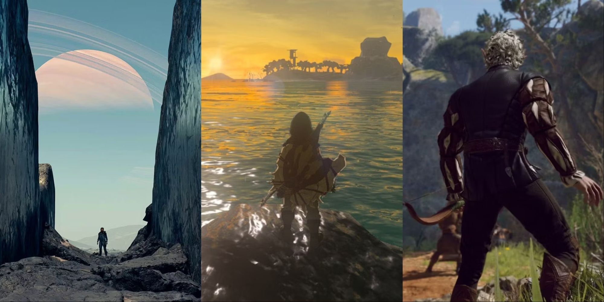 Split image of character in between two walls with planet behind in Starfield, screenshot prior to battle in ravine in Baldur's Gate 3, looking at island during sunset the Legend of Zelda Tears of the Kingdom.