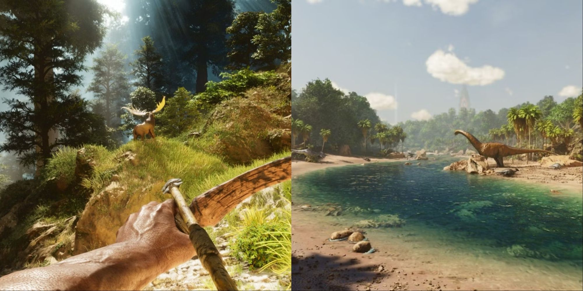 split image hunting in the forest, looking out across river and dense jungle with dinosaur ark survival ascended-1
