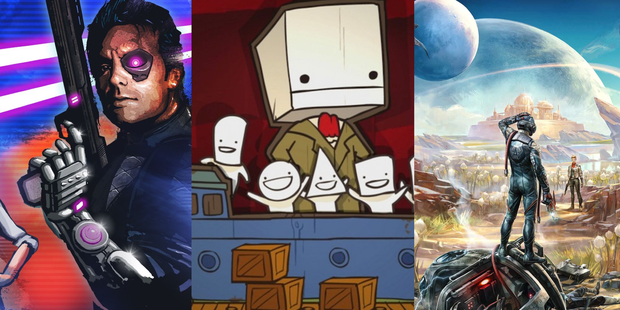 Split Image of Far Cry 3 Blood Dragon, Battleblock Theater, and The Outer Worlds