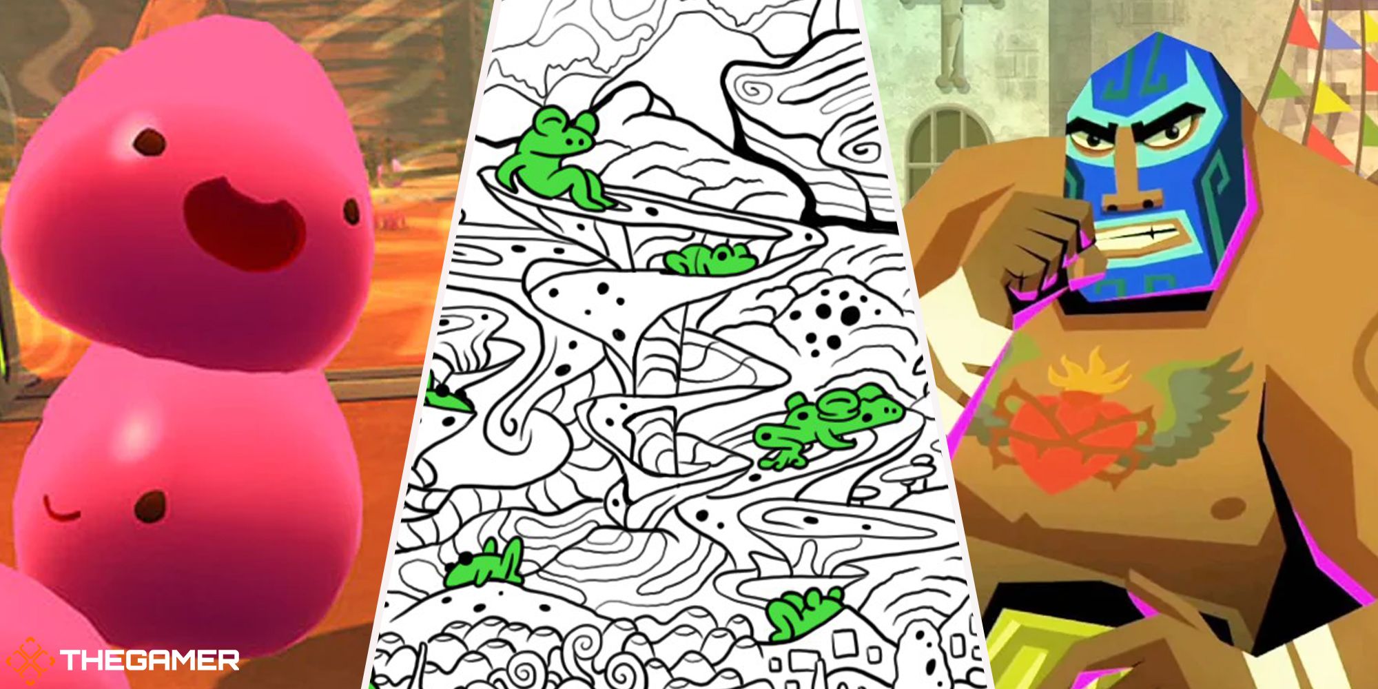Split image of kids' indie games - Slime Rancher, Guacamelee, 100 Hidden Frogs