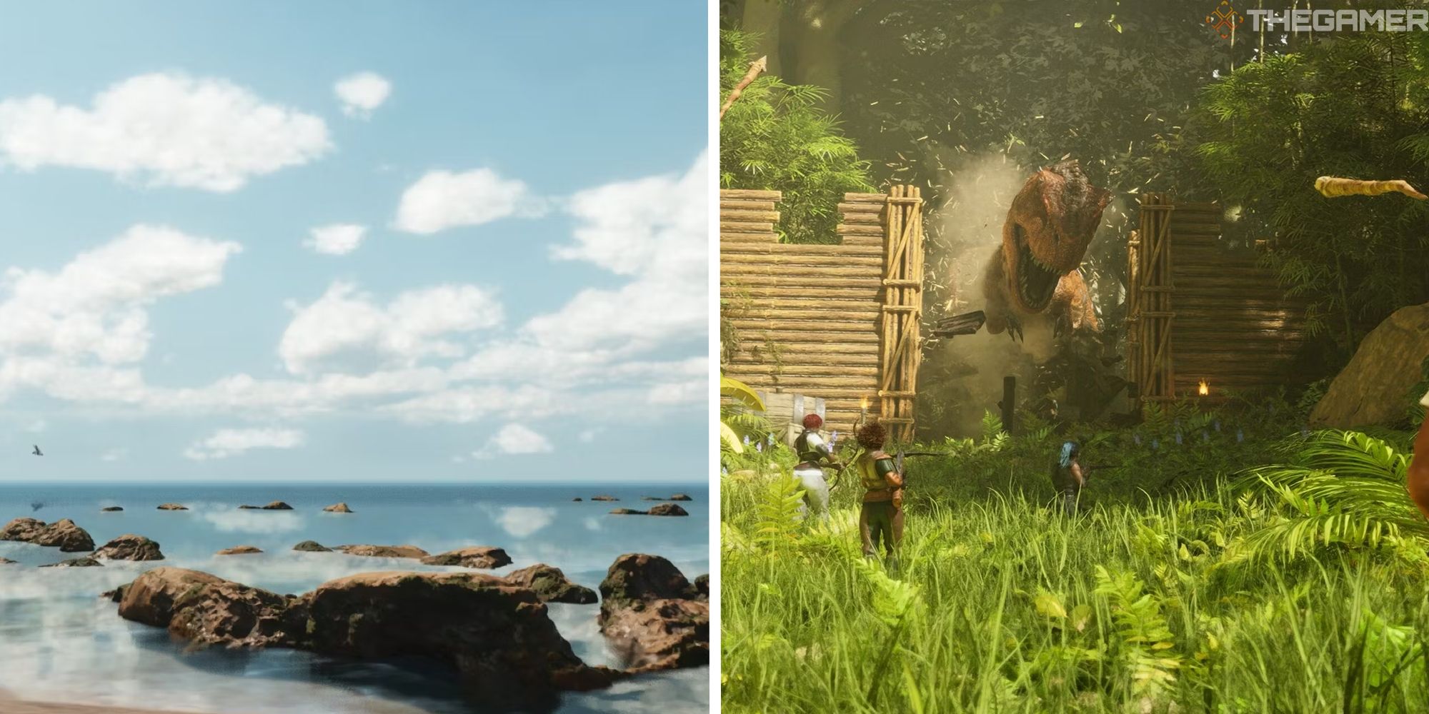 split image showing ocean during day next to image of players fighting a t rex