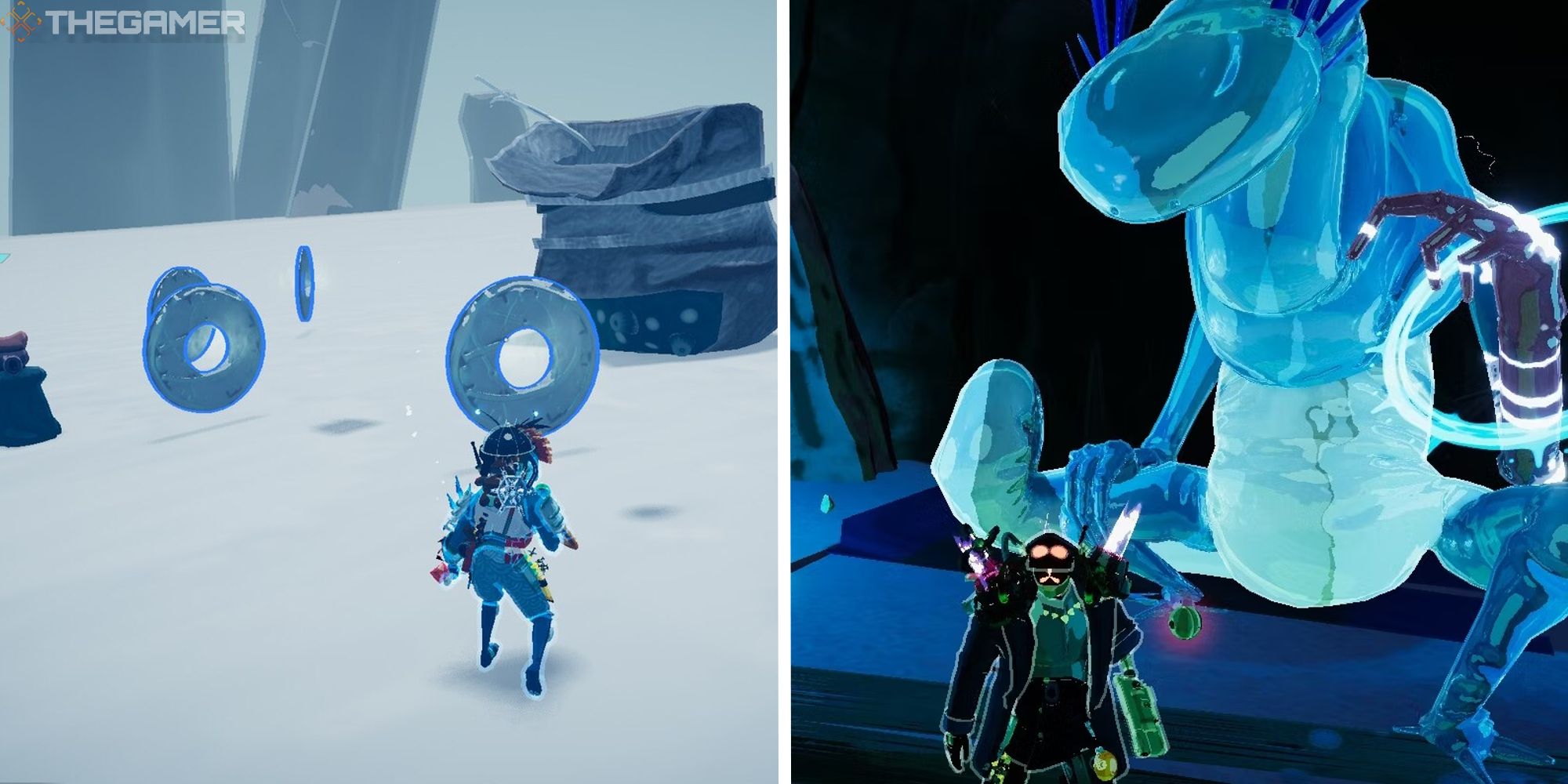 split image showing player next to a dropped lunar coin next to image of player at the bazaar between time