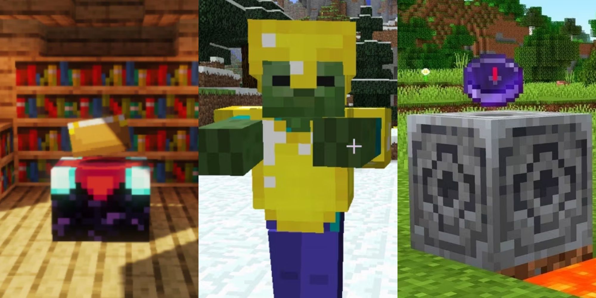 Split images of an enchanted crafting table, a zombiee wearing gold armor, and a lodestone in Minecraft.