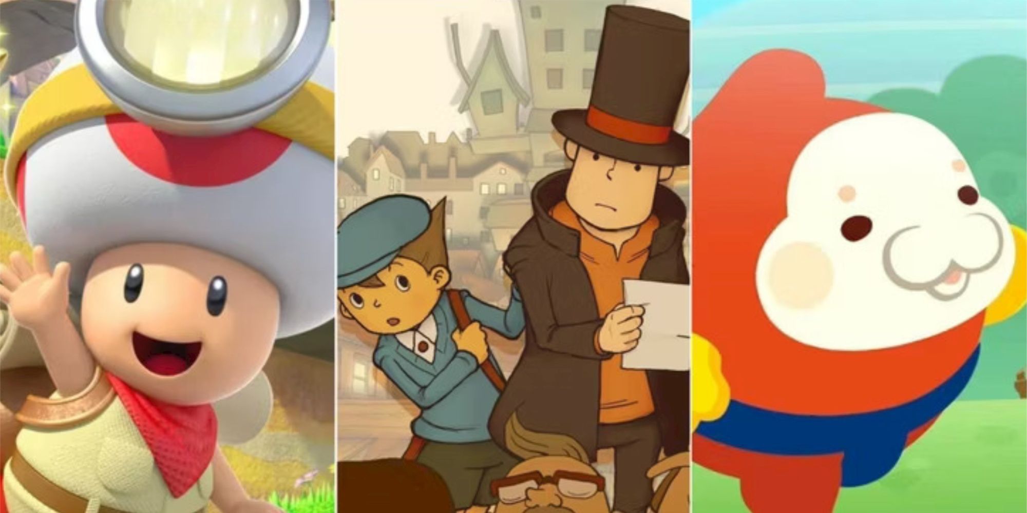 Split images of Captain Toad, Professor Layton, and Pushmo