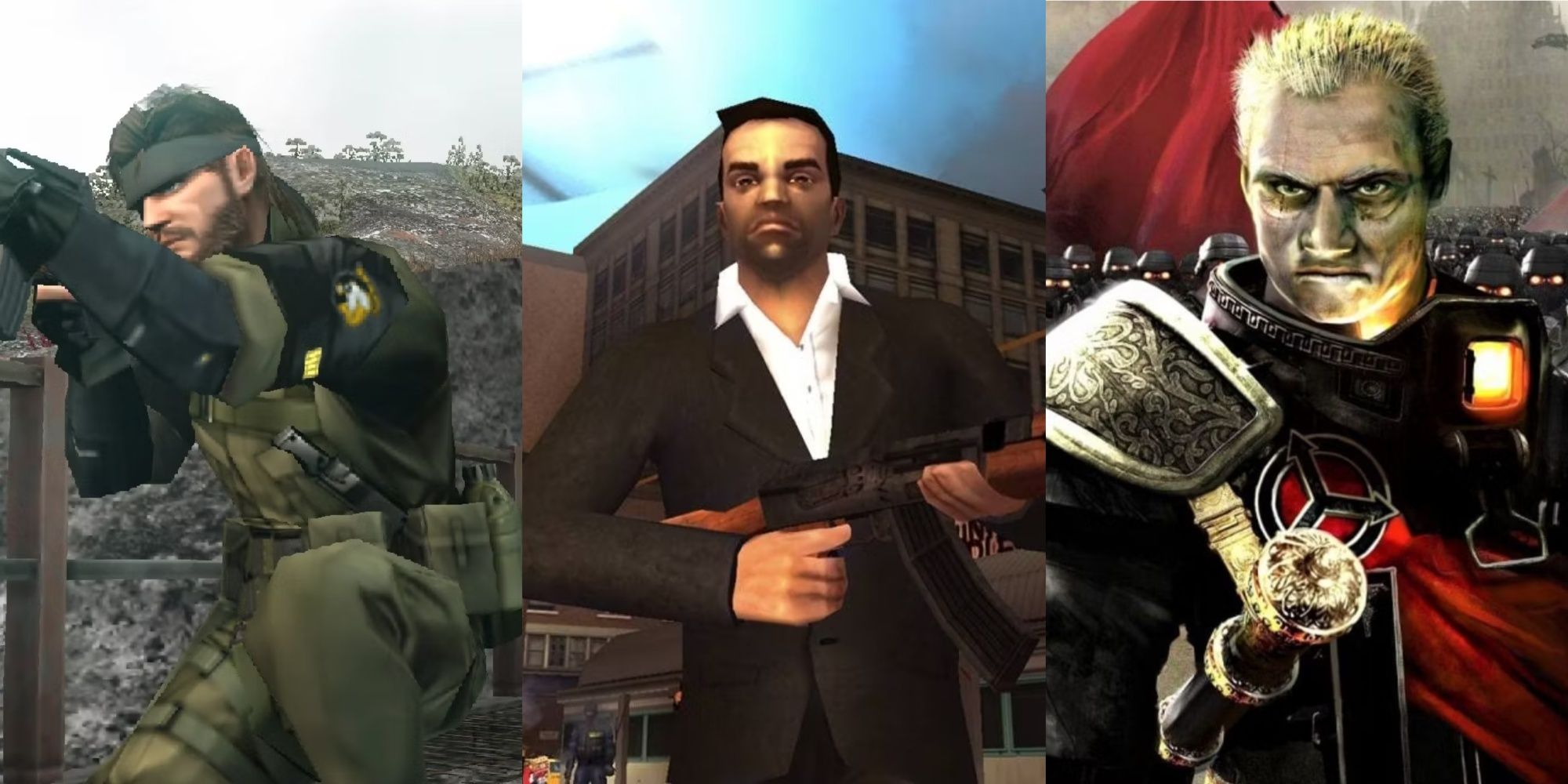 Split images of characters in Metal Gear Solid Peace Walker, Grand Theft Auto Liberty City Stories, and Killzone Liberation.