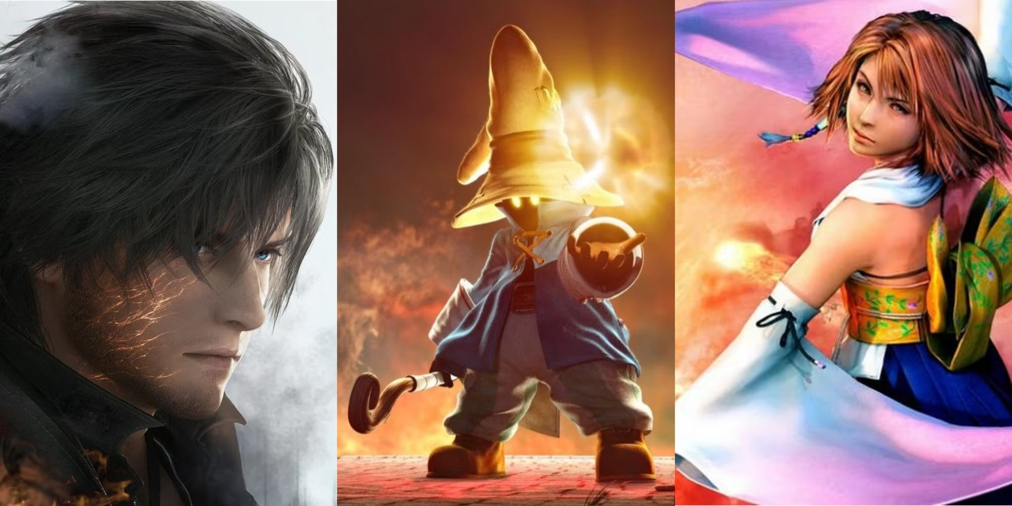 Split images of Clive in Final Fantasy 16, Vivi in Final Fantasy 9, and Yuna in Final Fantasy 10