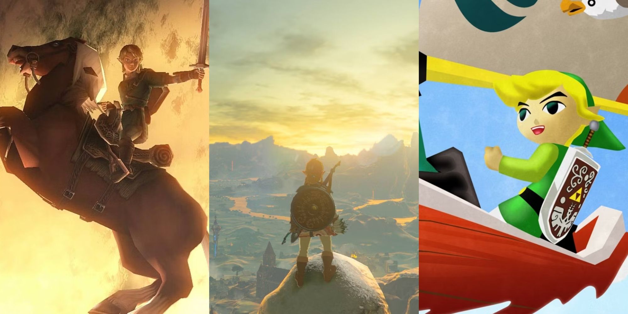 Split images of Link in Twilight Princess, Breath of the Wild, and The Wind Waker