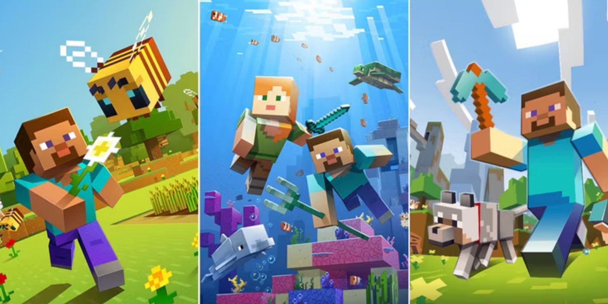 Split images of official Minecraft art with Steve and Alex