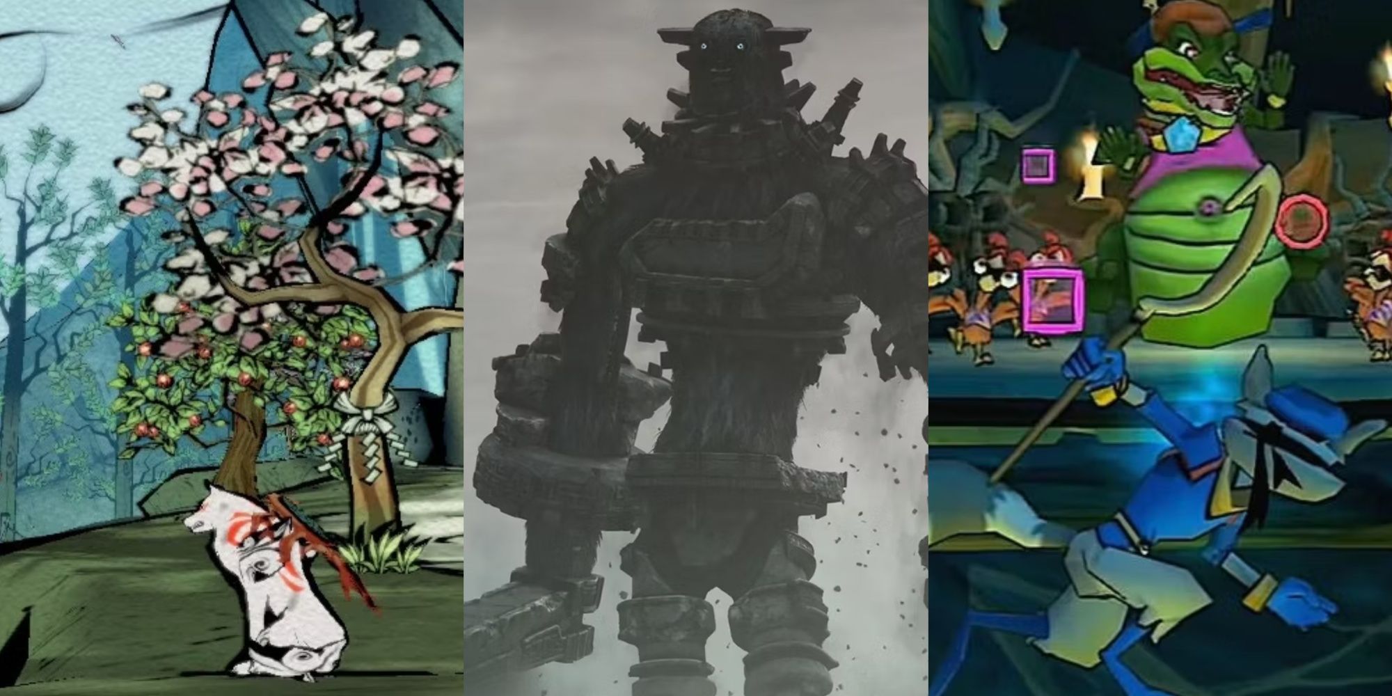 Split images of Okami, Shadow of the Colossus, and Sly Cooper.