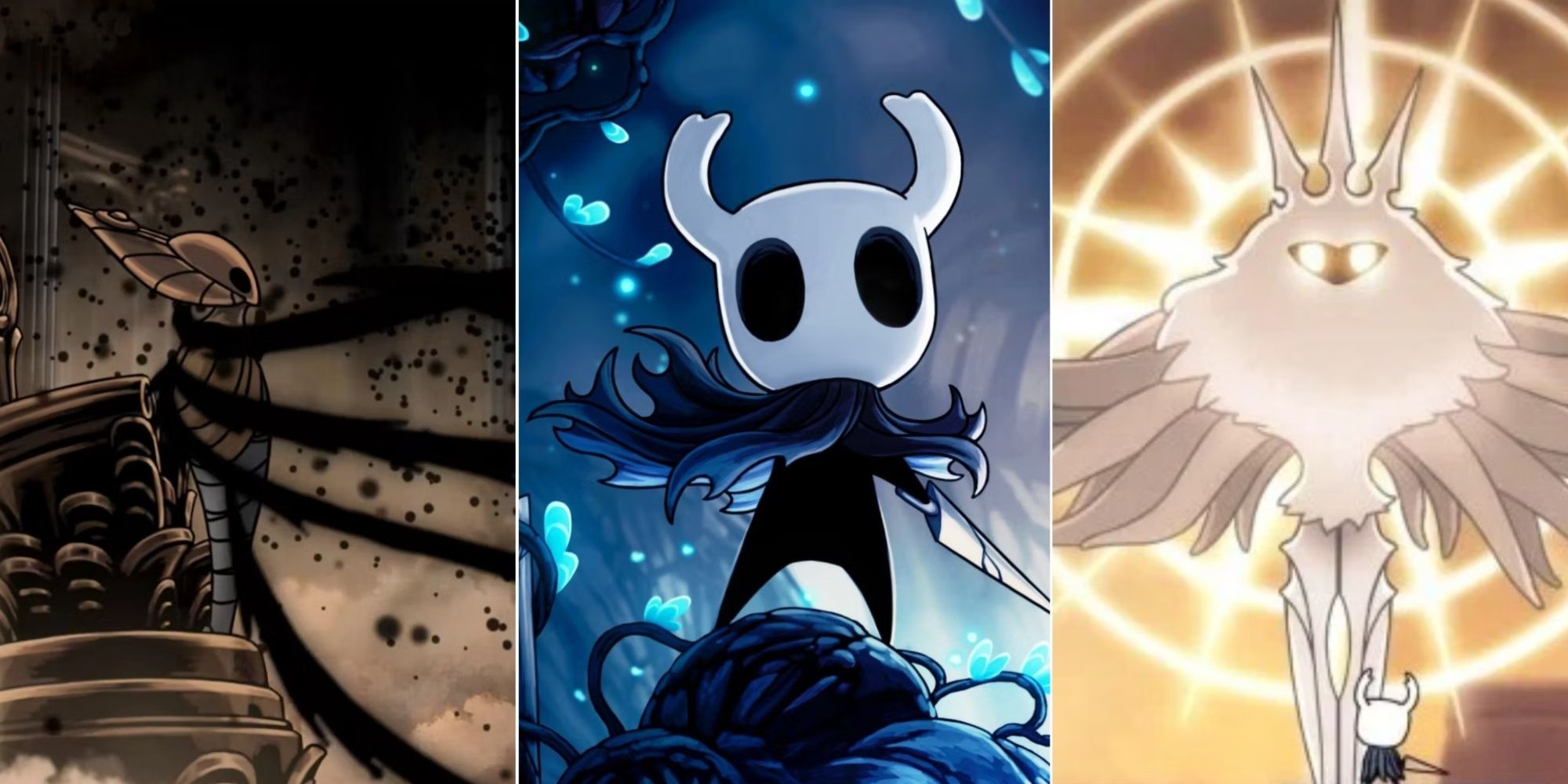 Split images of the Godseeker being consumed by the Void, a close-up of the Knight, and the Knight in front of the Radiance in Hollow Knight