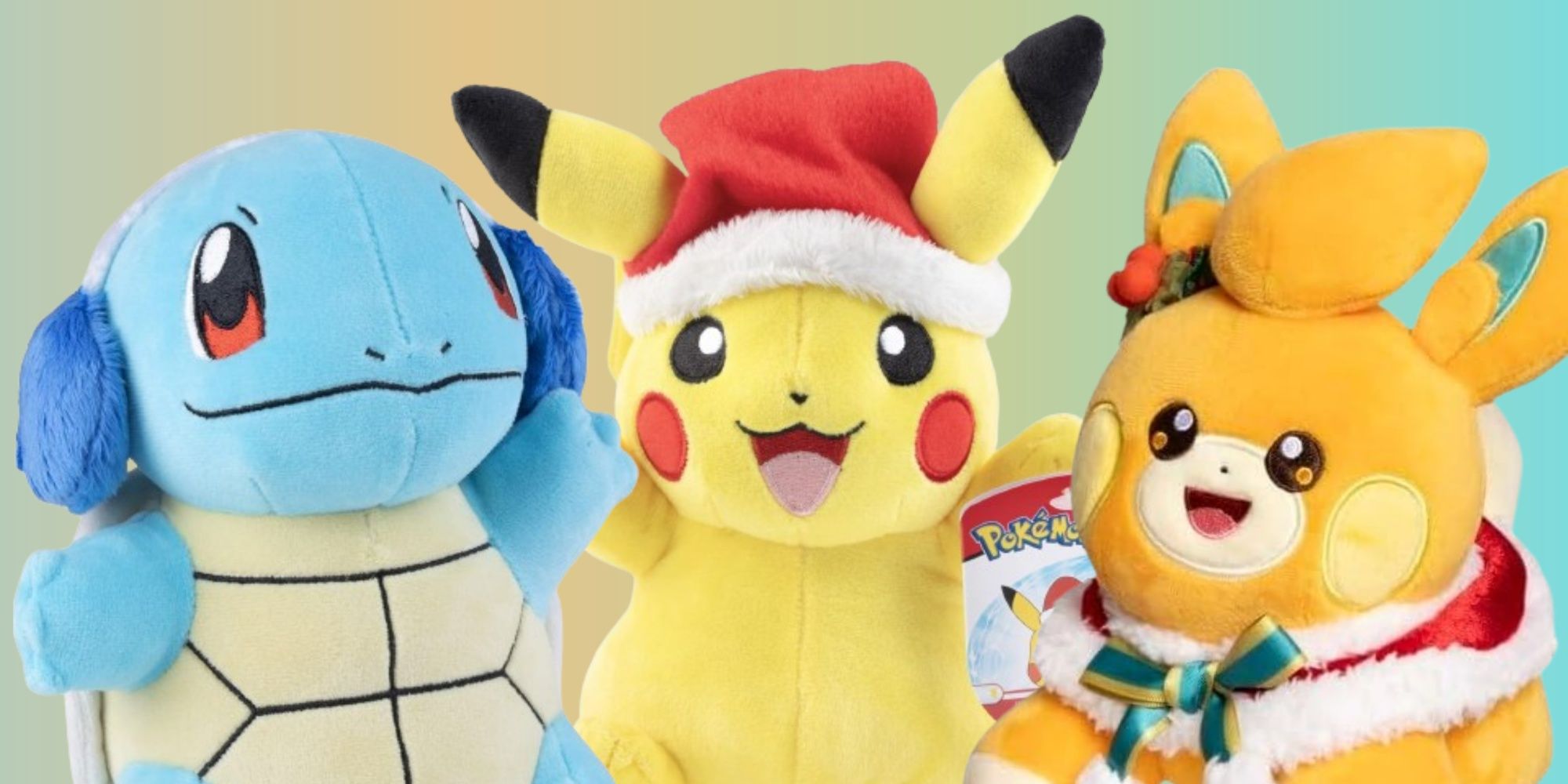 Squirtle, Pikachu, and Pawmi holiday plushes on a gradient background