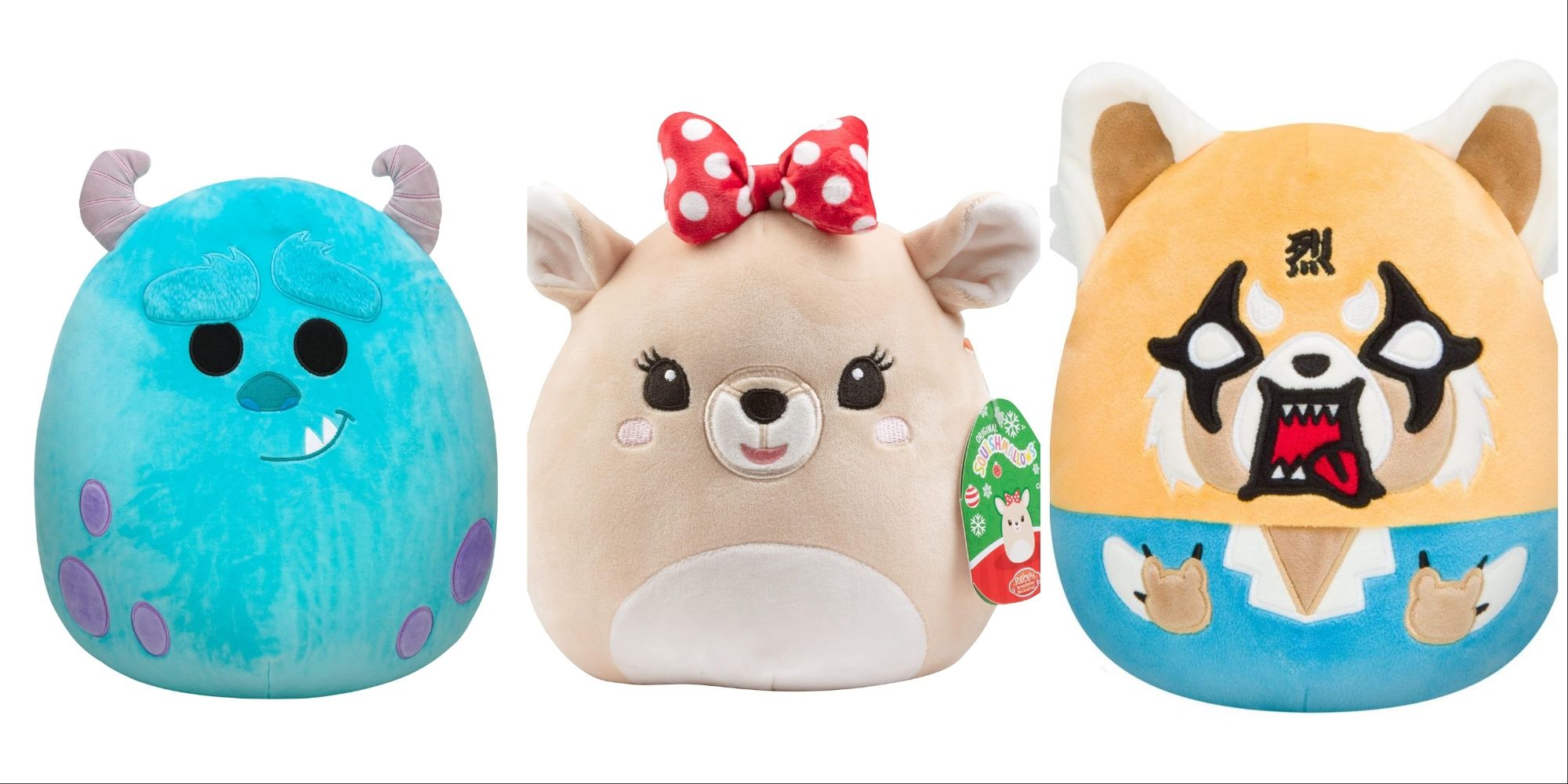 Three Squishmallows arranged in a line. From left to right, Sulley from Monsters Inc., Clarice the Reindeer, and the raging Aggretsuko plush.