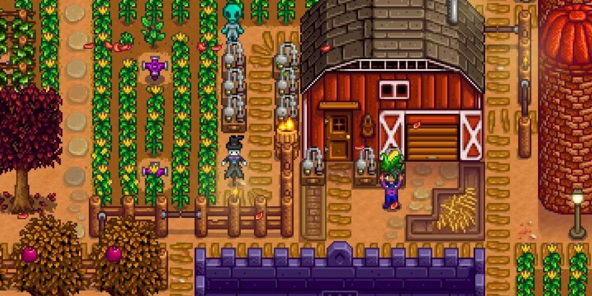 stardew valley player on farm holding a corn