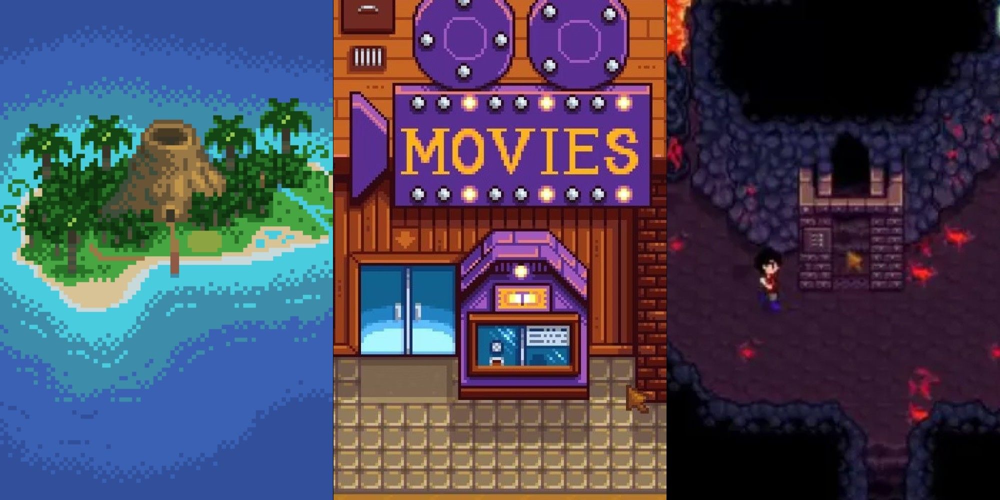 A split image featuring Ginger Island, the Movie Theater, and the Forge from Stardew Valley