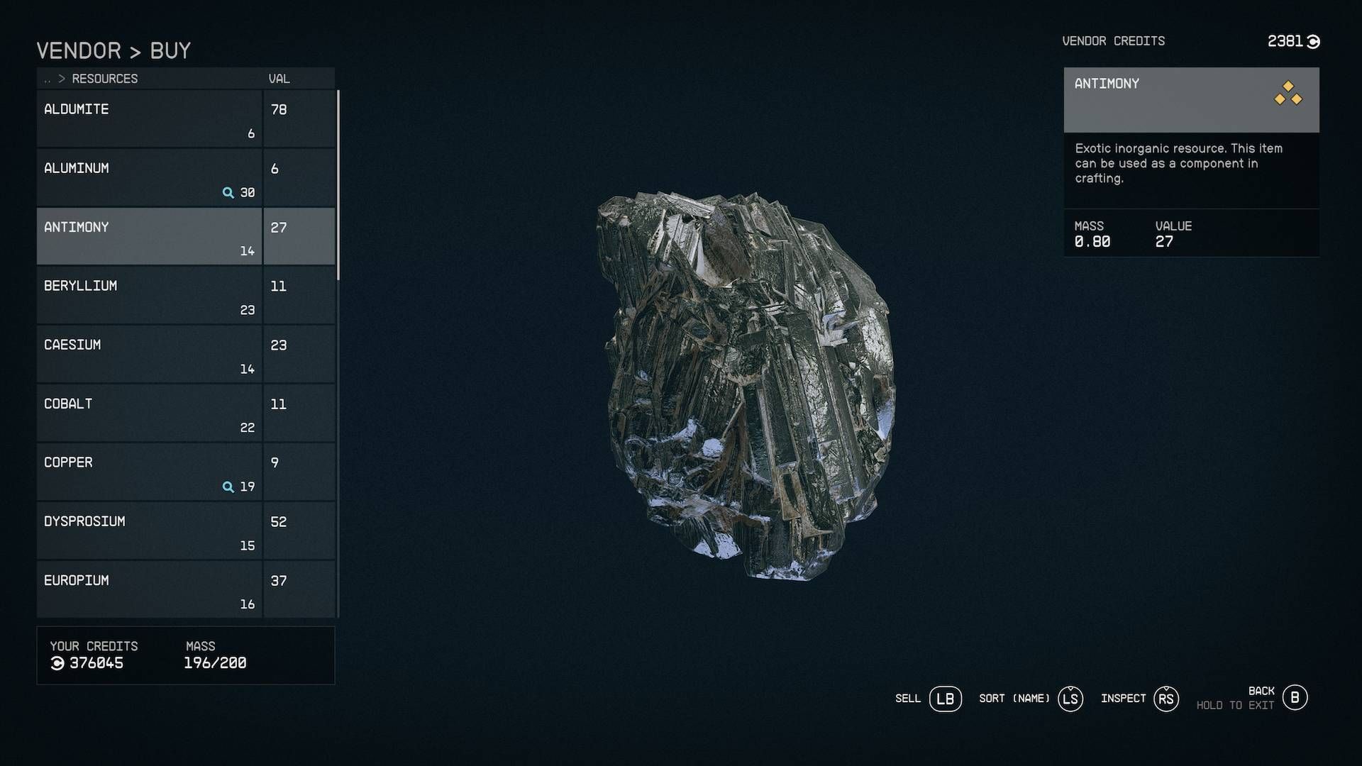 The vendor screen for purchasing Antimony, an exotic resource.