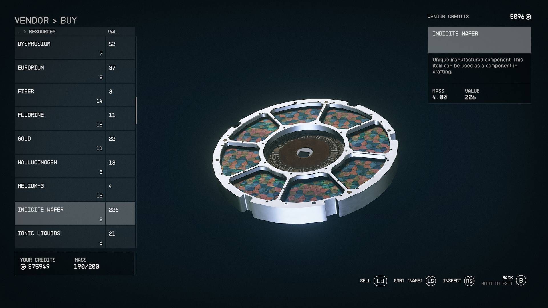 A vendor screen selling an Indicite Wafer material in Starfield.
