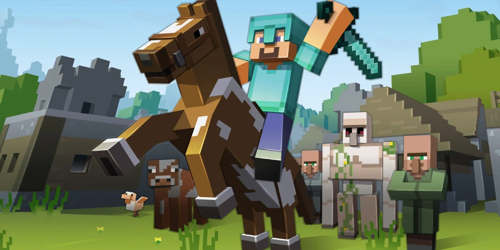 Steve riding a horse in Minecraft