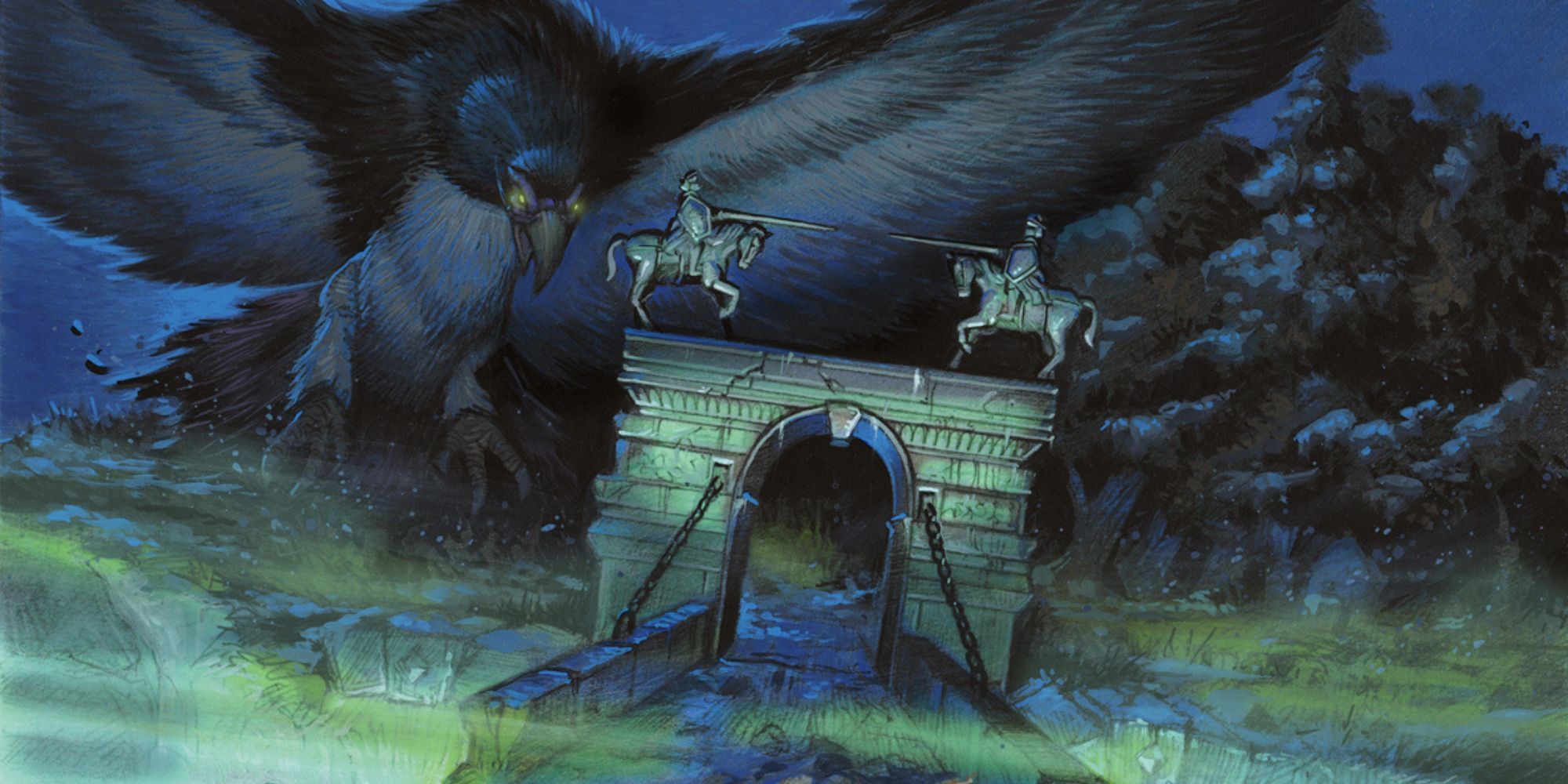 The Roc of Mount Ghakis, a giant bird, attacks the stone bridge at Tsolenka Pass.
