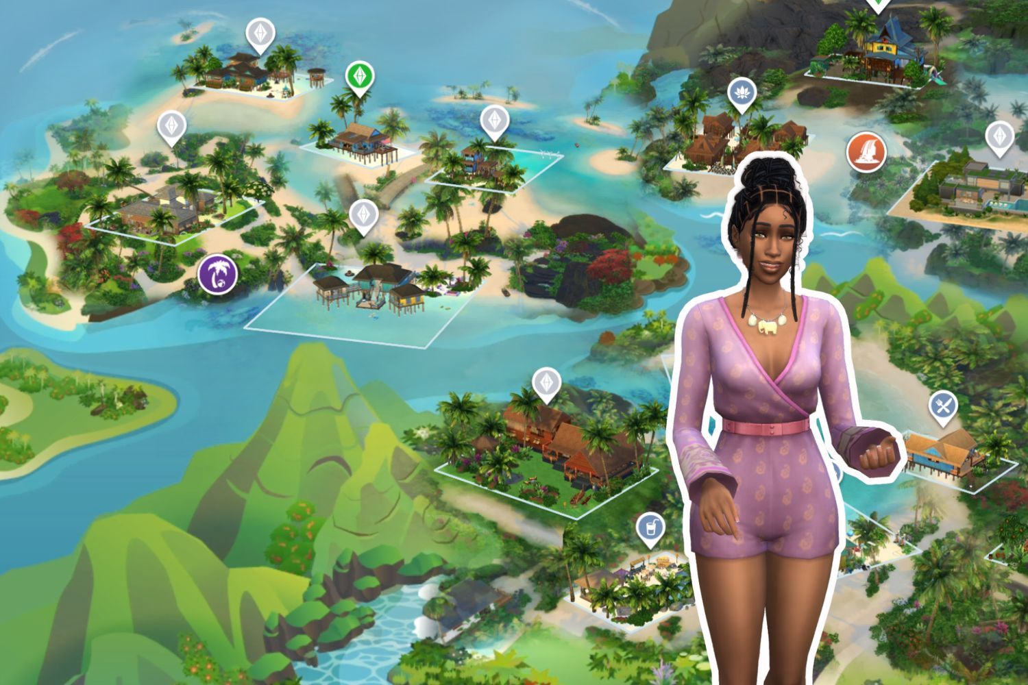 The same Sim from the above photos wears a beachy outfit in front of a map of Sulani.