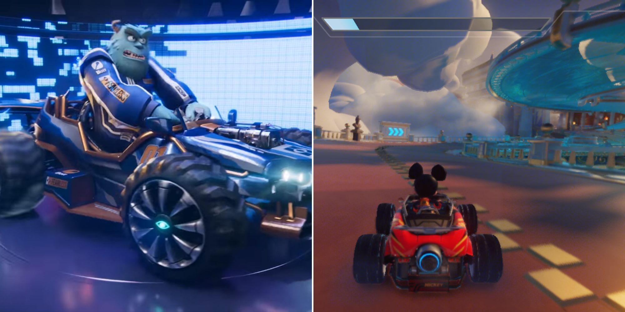 Sully in his racecar and Mickey during a race in Disney Speedstorm