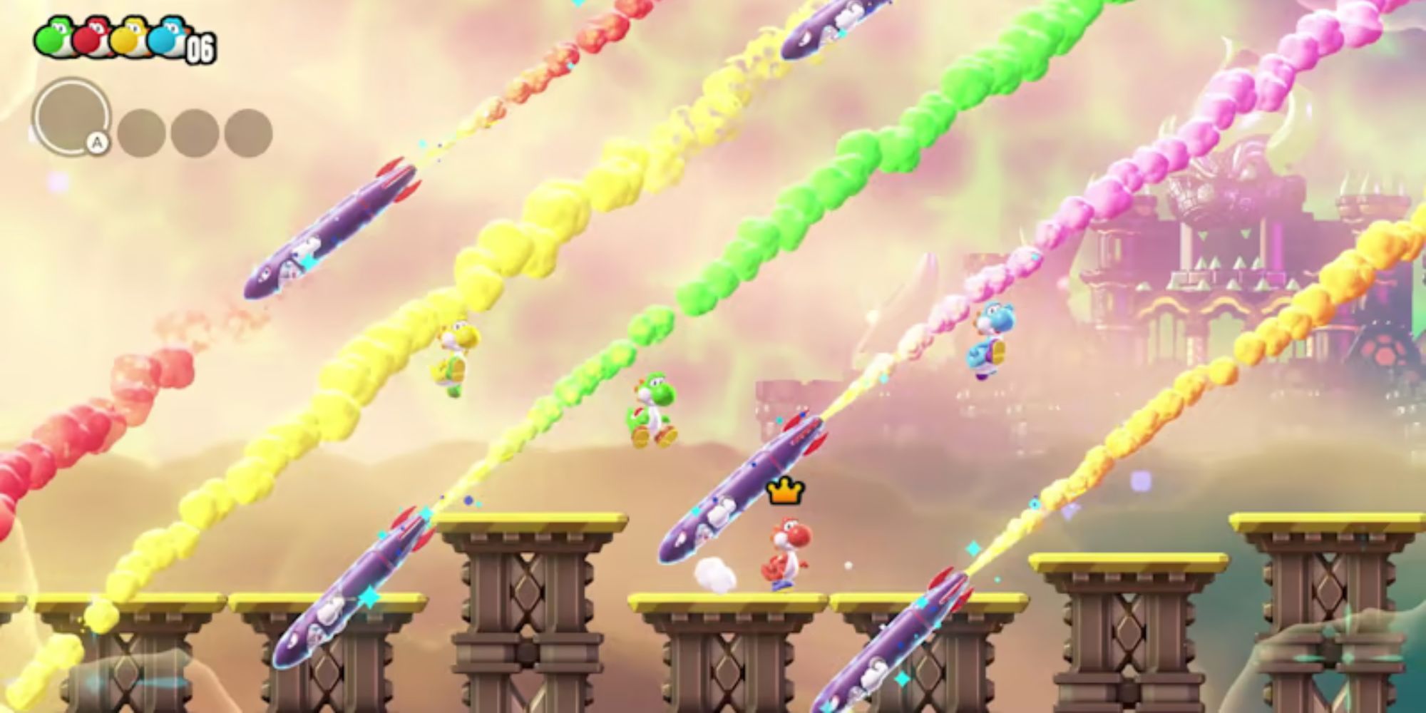 A group of Yoshis dodge colorful missiles