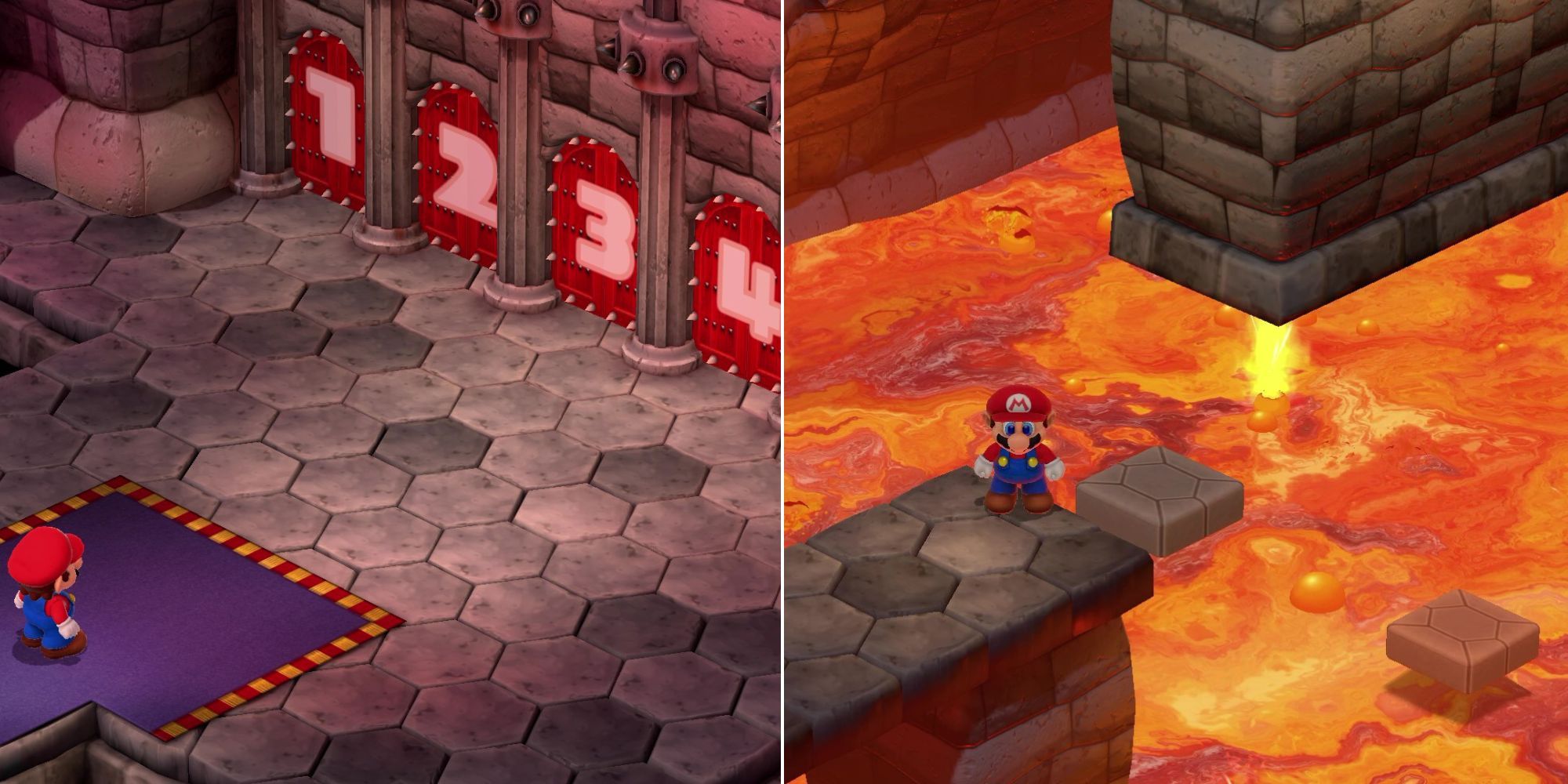 A split image of the puzzle section from Bowser's Keep in Super Mario RPG